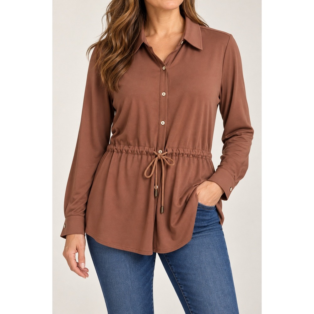Susan Graver Brown Long Sleeve Drawstring Waist Button Down Top Womens Medium